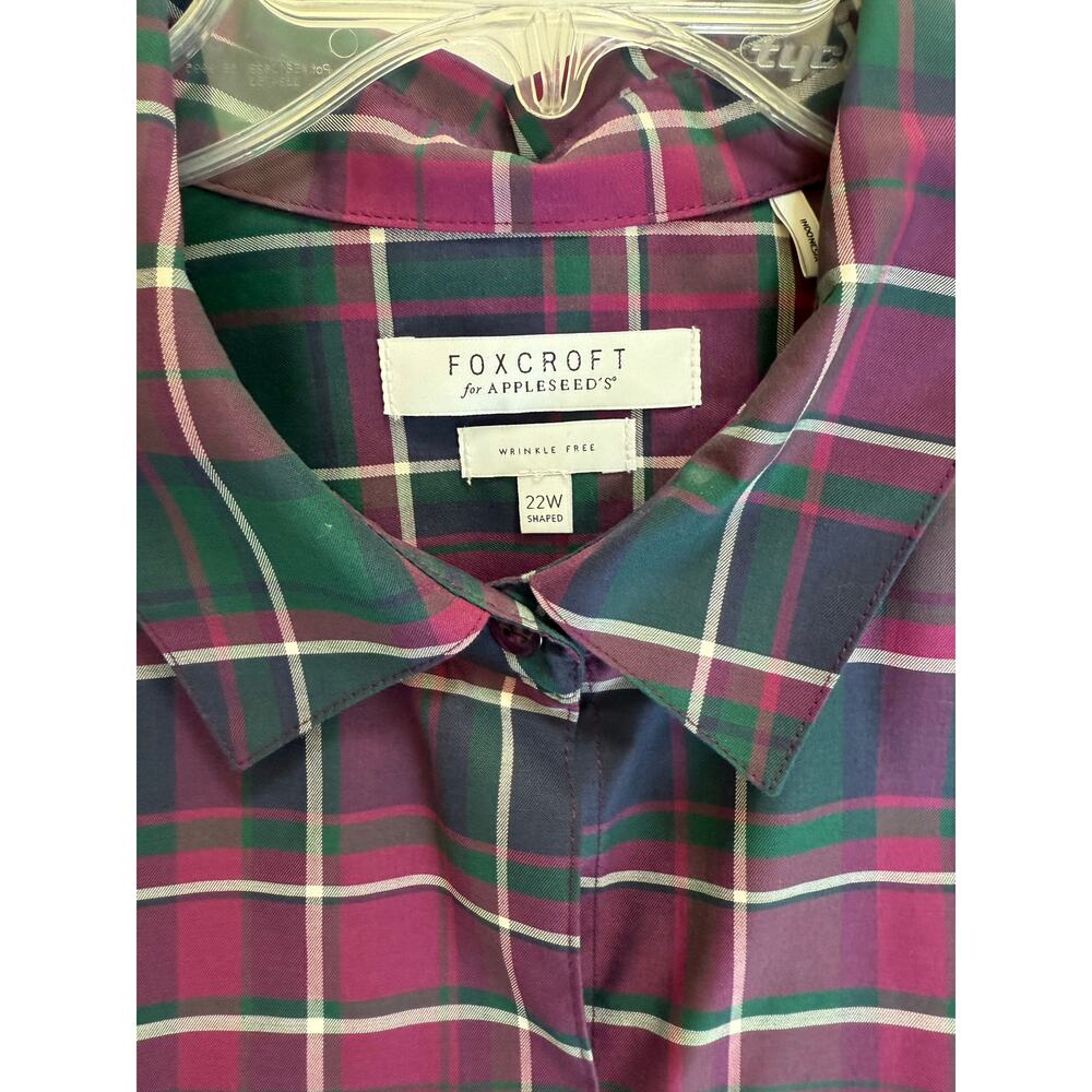 Foxcroft Appleseed's Wrinkle Free 22W Shaped Fit Purple Green Gingham Women's